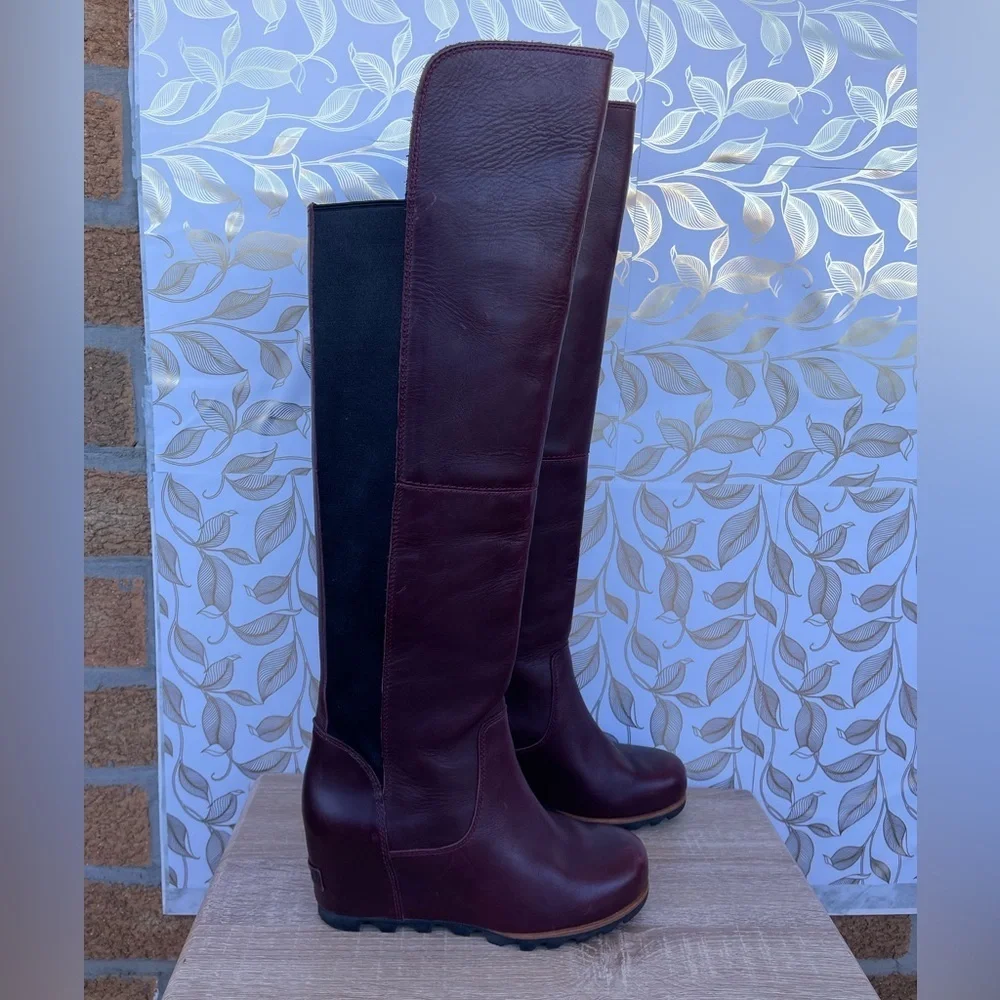 Sorel Fiona OTK Wedge Boots in Dark Burgundy Leather | Size 8.5